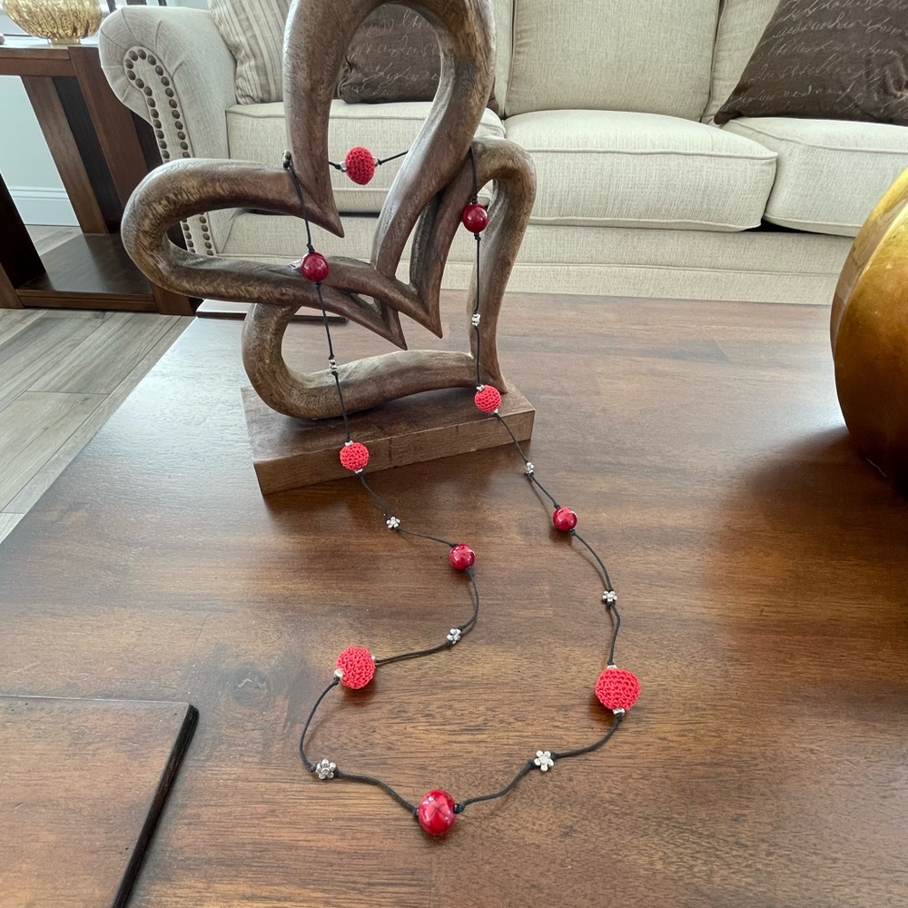 Handmade Long Necklace with Red Crochet Beads